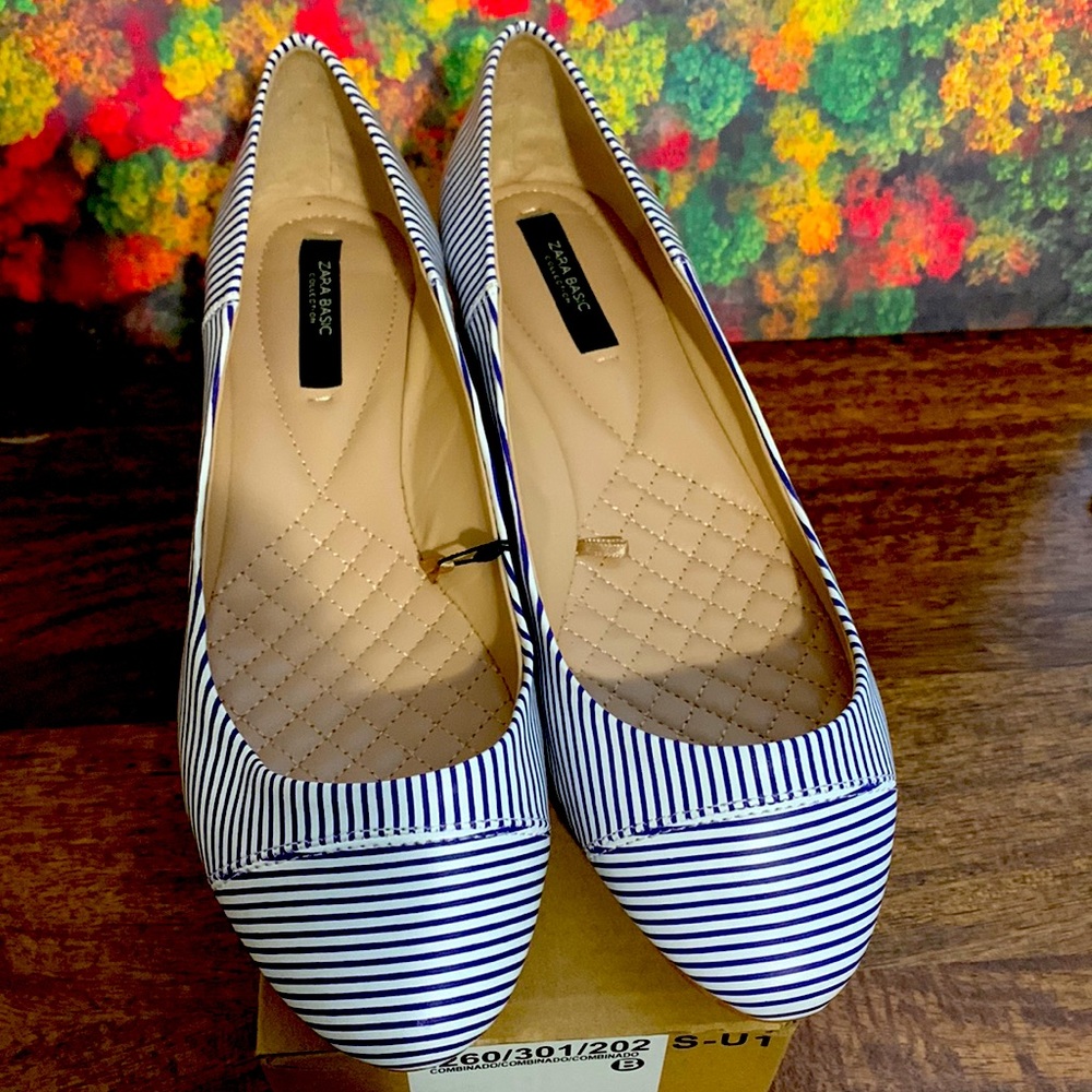 ZARA BASIC NAVY & WHITE STRIP BALLET 6.5 us & NWT & Box